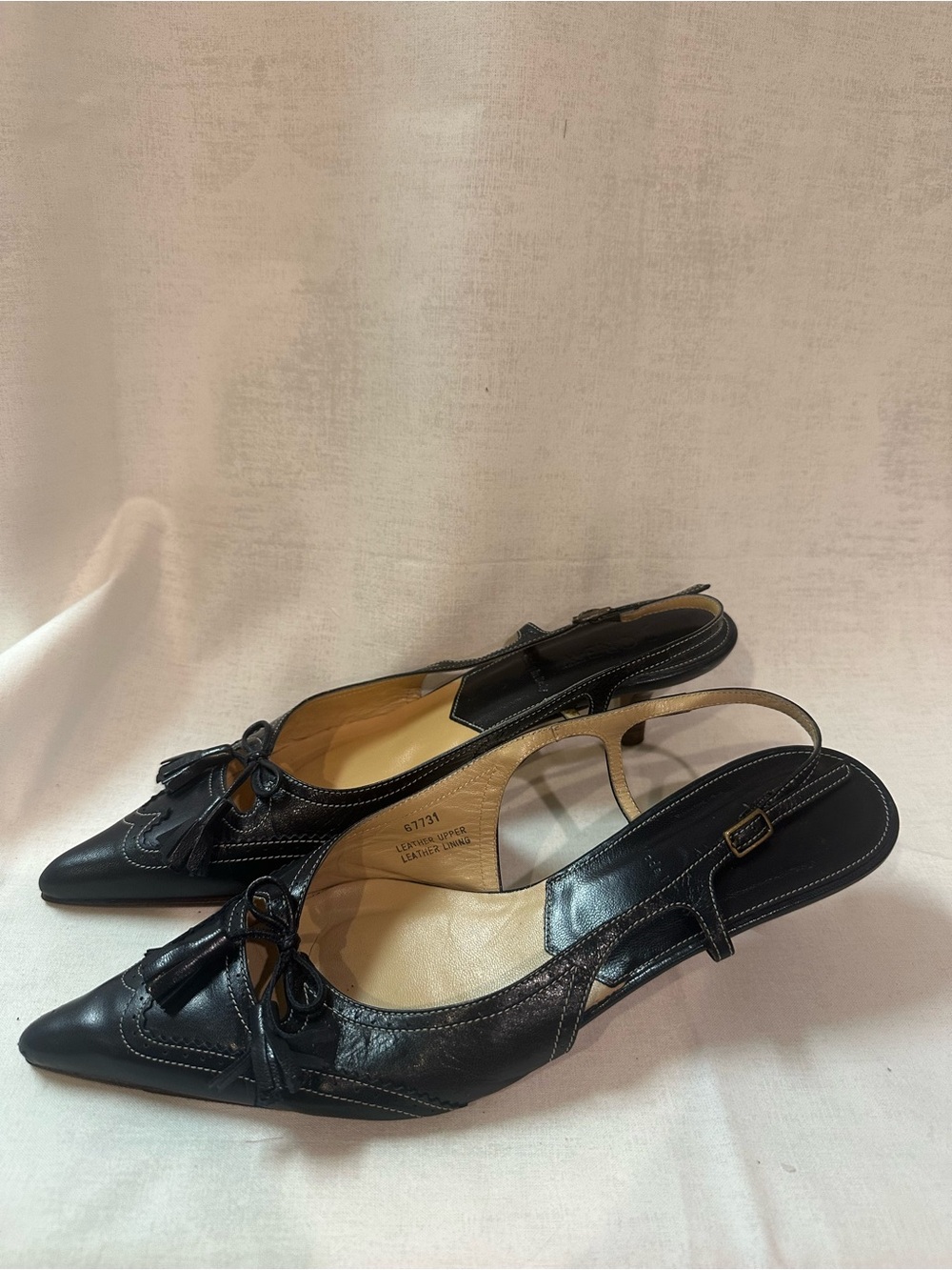 J. Crew Black Leather Pointed Slingback Mules with Tassel